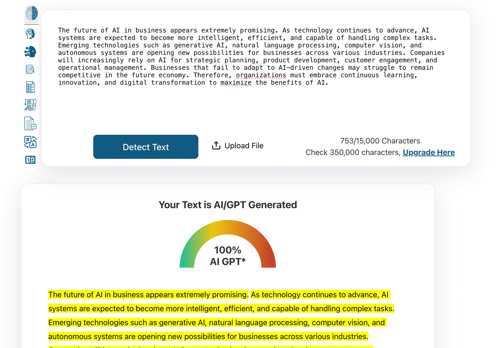 ZeroGPT AI detector showing 100% AI GPT generated score on the original AI-written paragraph before humanizing
